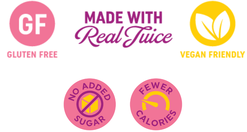 No added sugar, Gluten Free, Made with Real Juice, Vegan Friendly, Fewer Calories